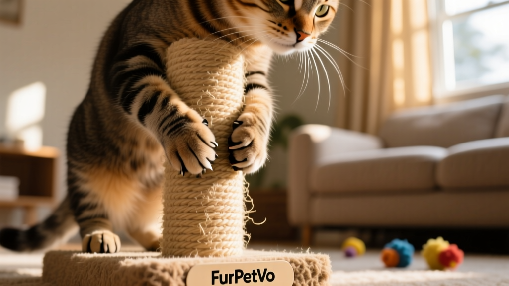 Close-up of a cat’s paws gripping tightly onto a sturdy FurPetVo sisal scratching post
