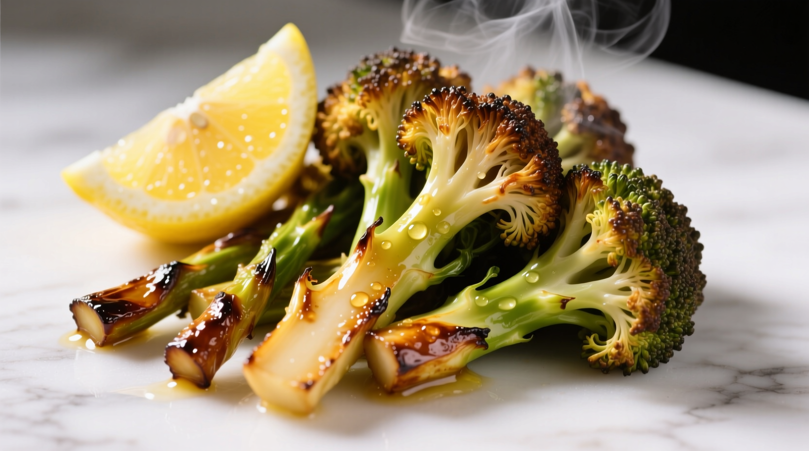 Perfectly roasted golden-brown broccoli with lemon wedges