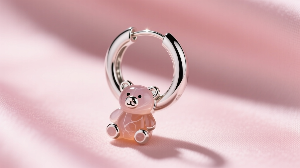 Close-up of a sterling silver Tous huggie hoop earring with a rose quartz bear charm, resting on soft blush pink fabric background