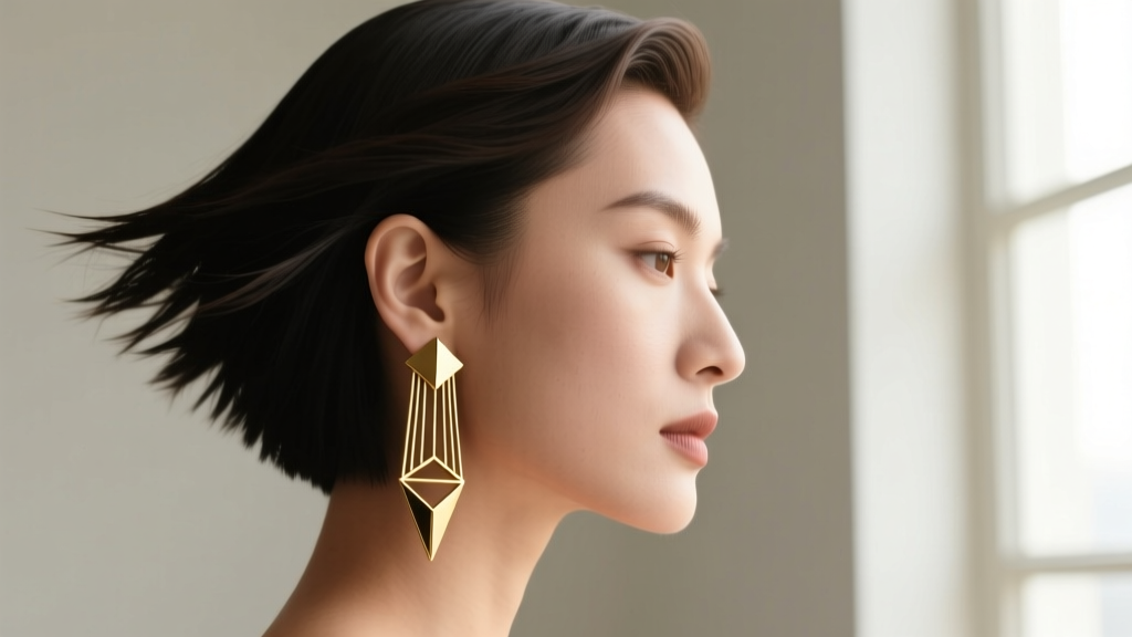 Side profile of a woman wearing a single brass architectural dangle earring on her left ear, styled with an asymmetrical haircut.