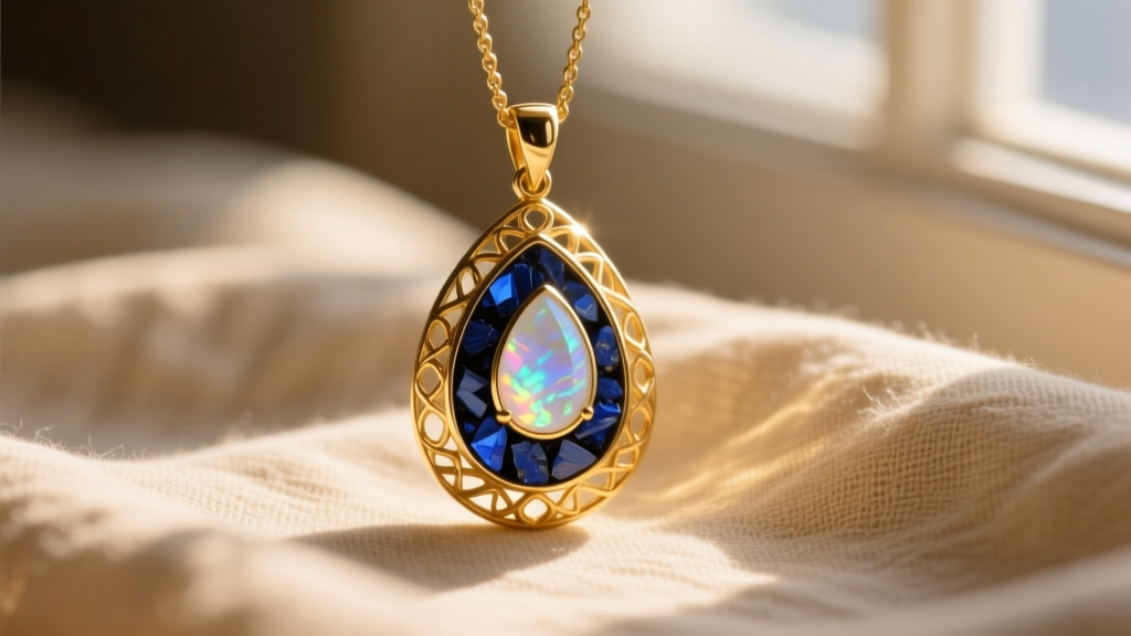 Close-up of a 14k gold teardrop pendant with swirling blue pet ashes and opal, resting on soft beige linen cloth in warm light.