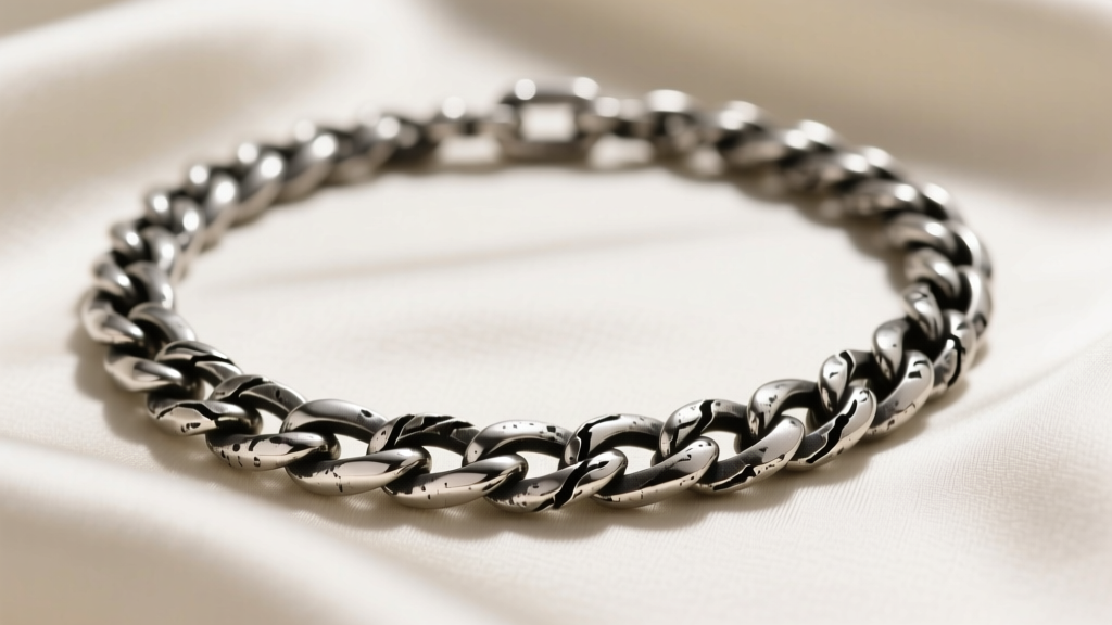 Oxidized 22-inch sterling silver Figaro chain necklace with darkened crevices and a matte grunge finish in soft light.