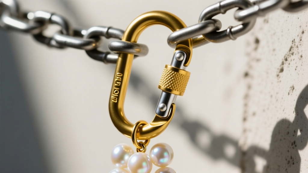 Macro shot of a heavy-duty 20-gauge gold locking carabiner clasp attached to a thick chain supporting a cascading pearl pendant