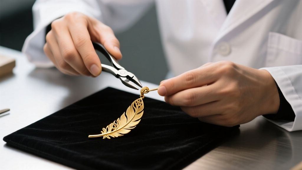 Jeweler using nylon-jaw pliers to gently straighten a bent barb on an 18k gold feather pendant under bright bench lighting.