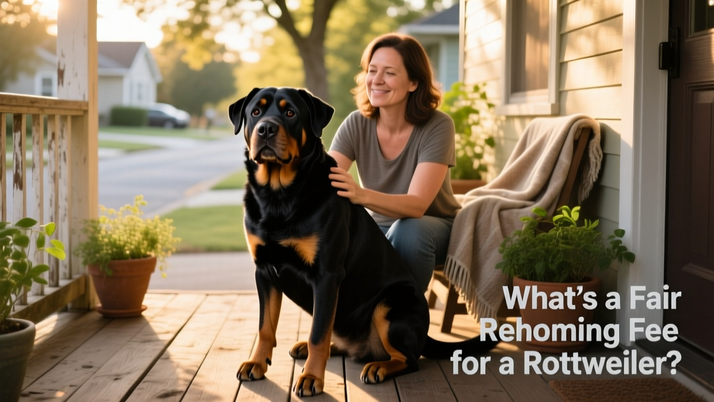 A calm, well-groomed adult Rottweiler sitting beside a caring owner on a sunlit porch