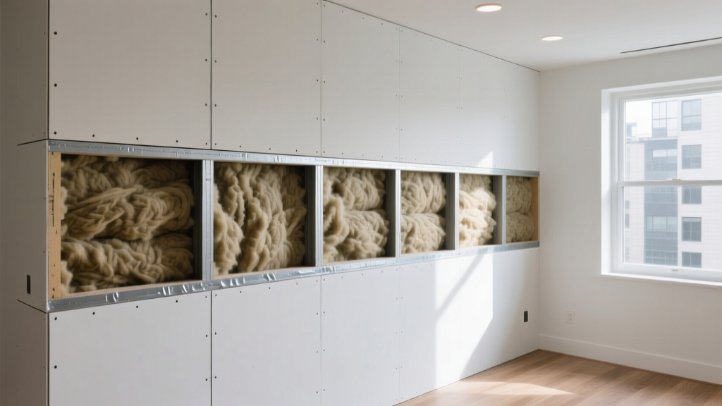Cross-section of soundproof gypsum board wall assembly with acoustic sealant and mineral wool in a modern apartment