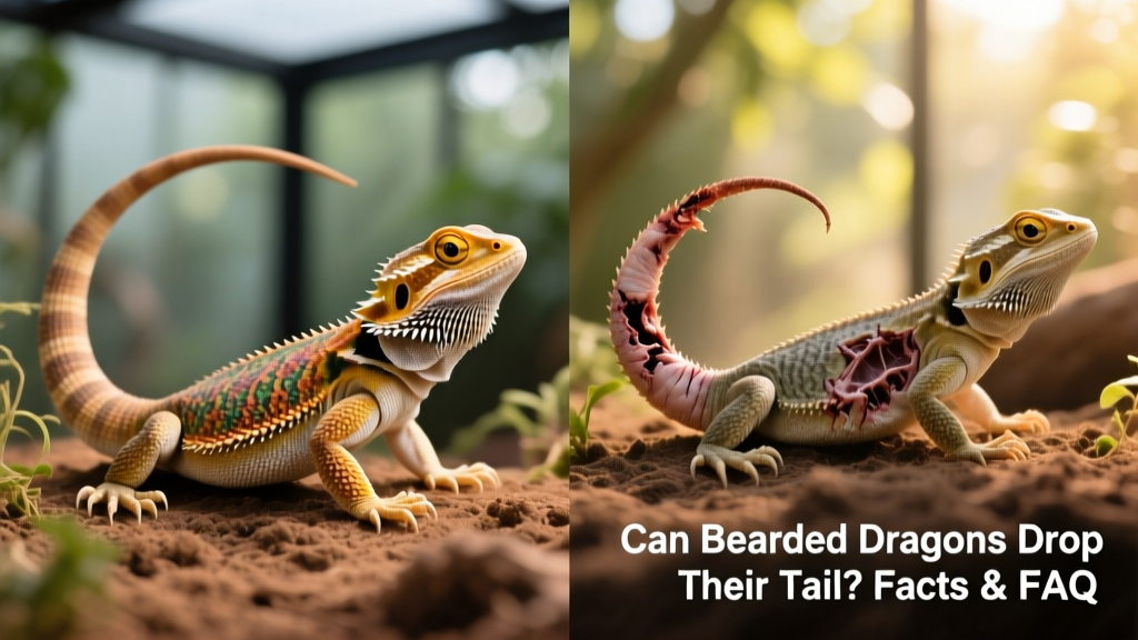 Side-by-side comparison showing a healthy bearded dragon with a full, robust tail versus one with a healed tail injury, highlighting visible differences in thickness and taper