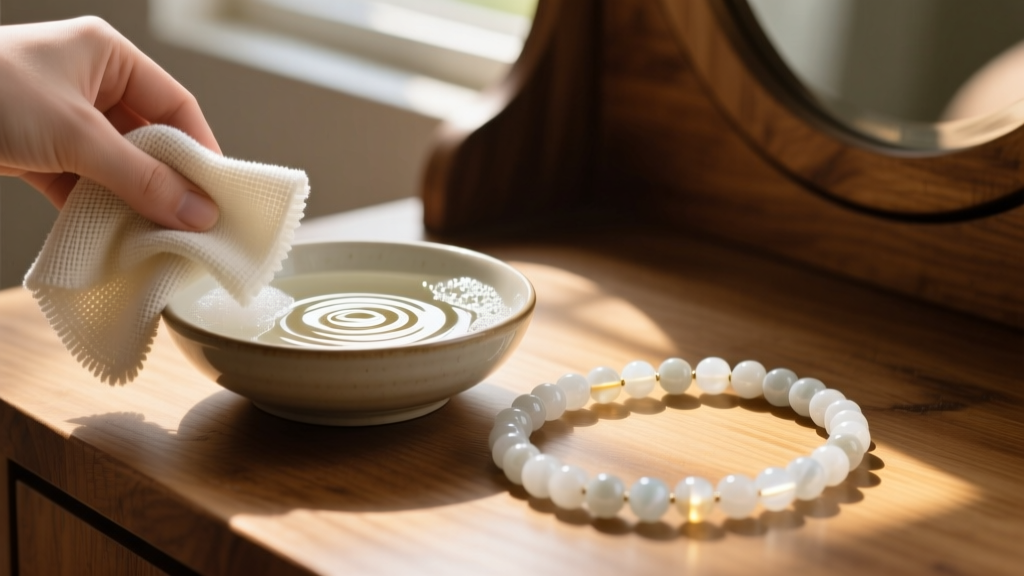 Microfiber cloth wiping a white howlite bead necklace next to a bowl of soapy water on a wooden vanity table in soft warm light.