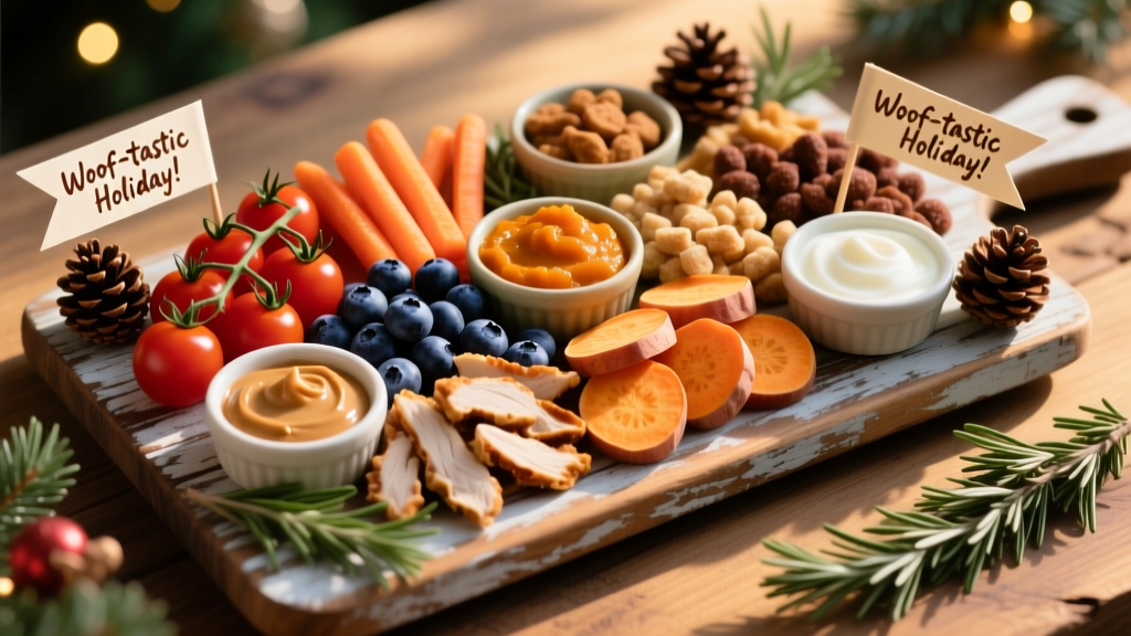 A festive barkuterie board arranged on a wooden serving board with colorful dog-safe treats, small bowls of spreads, and holiday-themed accents