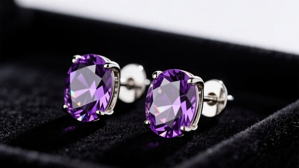 Purple amethyst clip-on earrings resting on dark velvet, highlighting the silver paddle-back mechanism and faceted gemstone cuts.