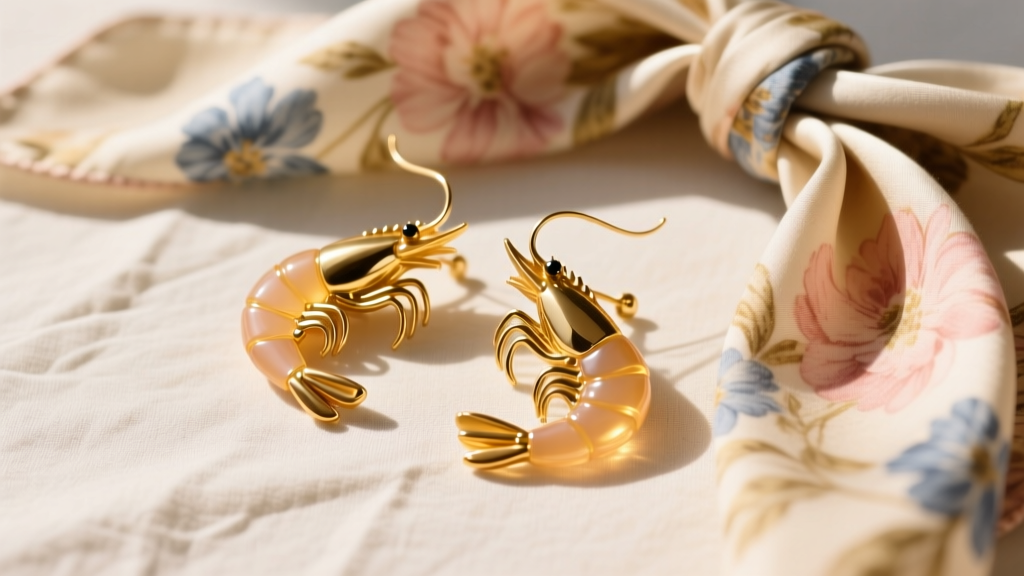 Flat lay of 1990s gold-tone resin shrimp earrings on a faded floral silk scarf, illuminated by warm directional sunlight