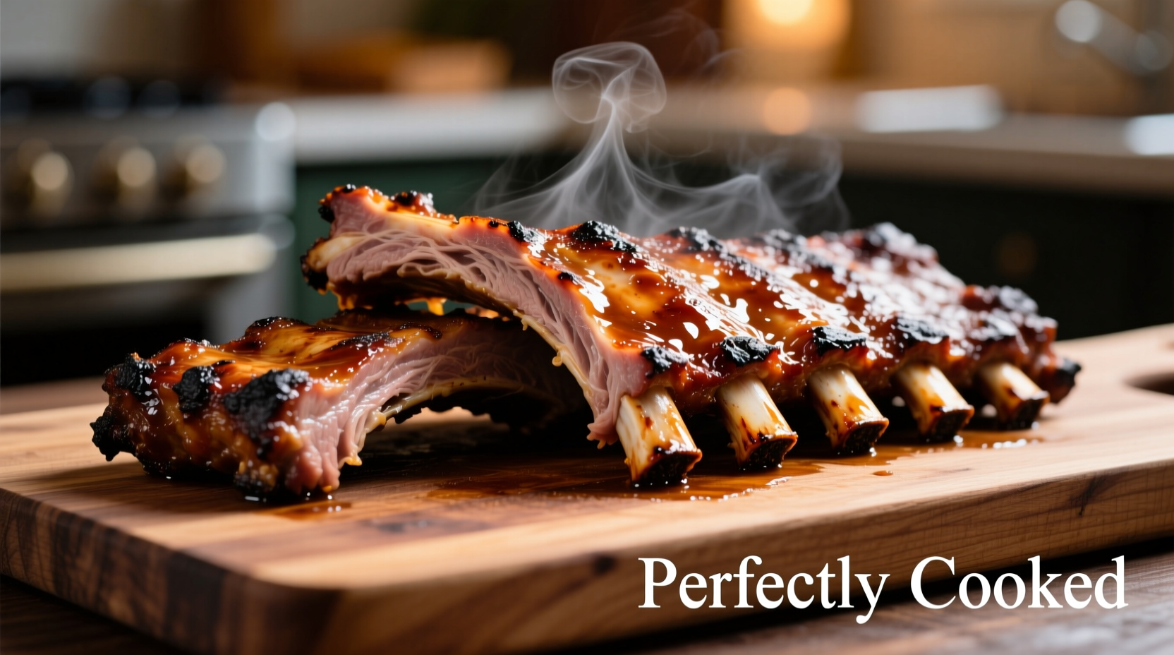 Perfectly cooked oven ribs with meat pulling from bones