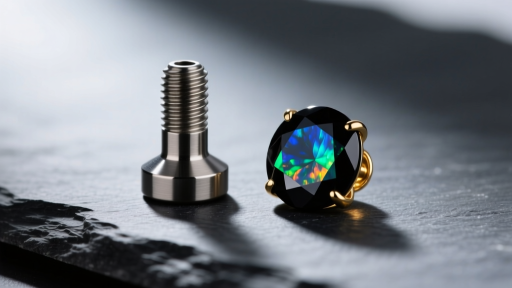 Macro shot of a 16-gauge threadless titanium labret post and a separate black opal gemstone end resting on a dark slate surface.