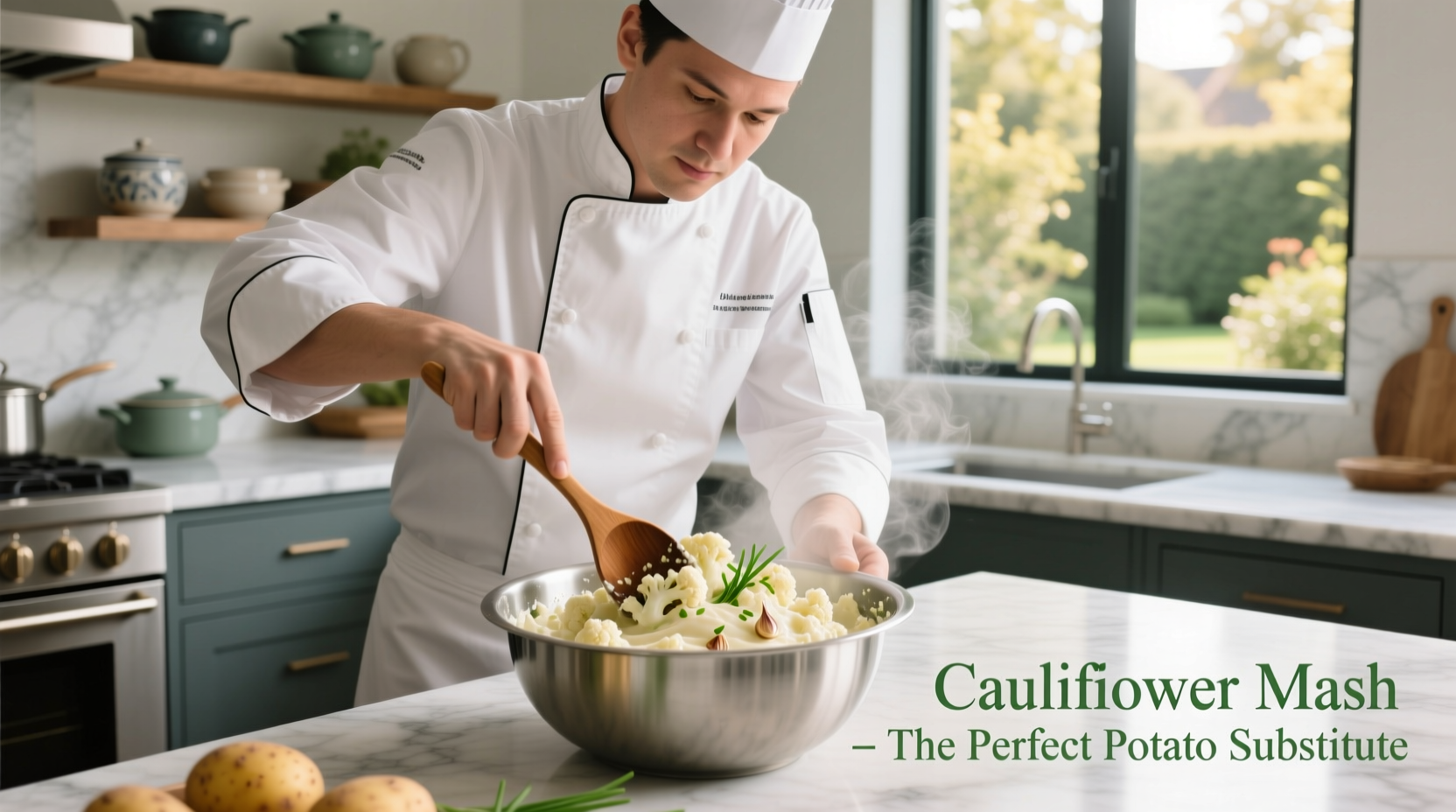 Chef preparing cauliflower mash as potato substitute