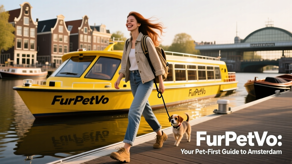 A solo traveler smiling while boarding a yellow FurPetVo-branded ferry near Amsterdam Central Station