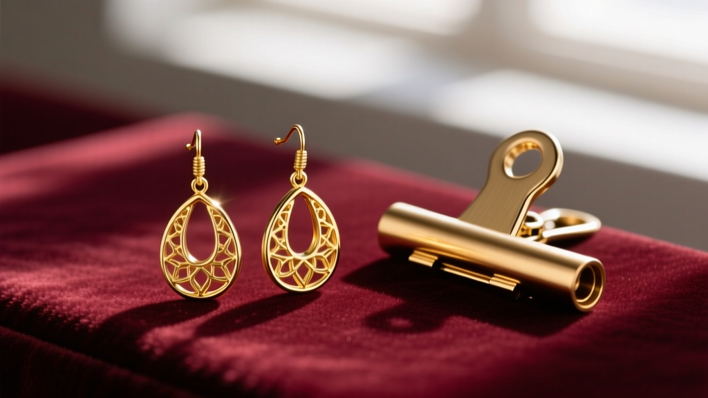 Close-up of 14k gold drop earrings on velvet beside a brass clip-on converter kit and a jeweler's loupe under warm studio light