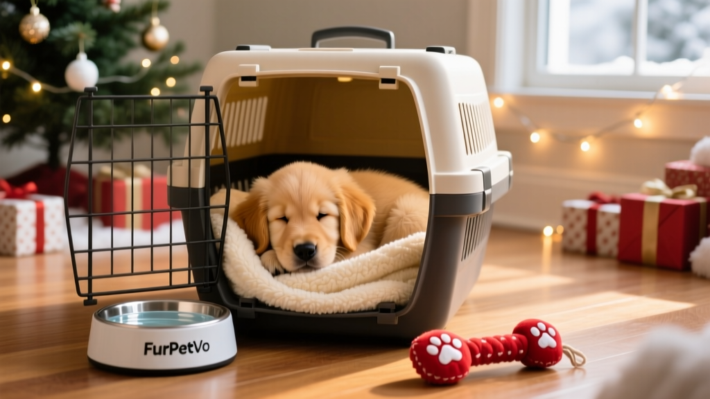 A small puppy nestled comfortably in a travel crate lined with a soft blanket, with a FurPetVo water bowl and chew toy nearby