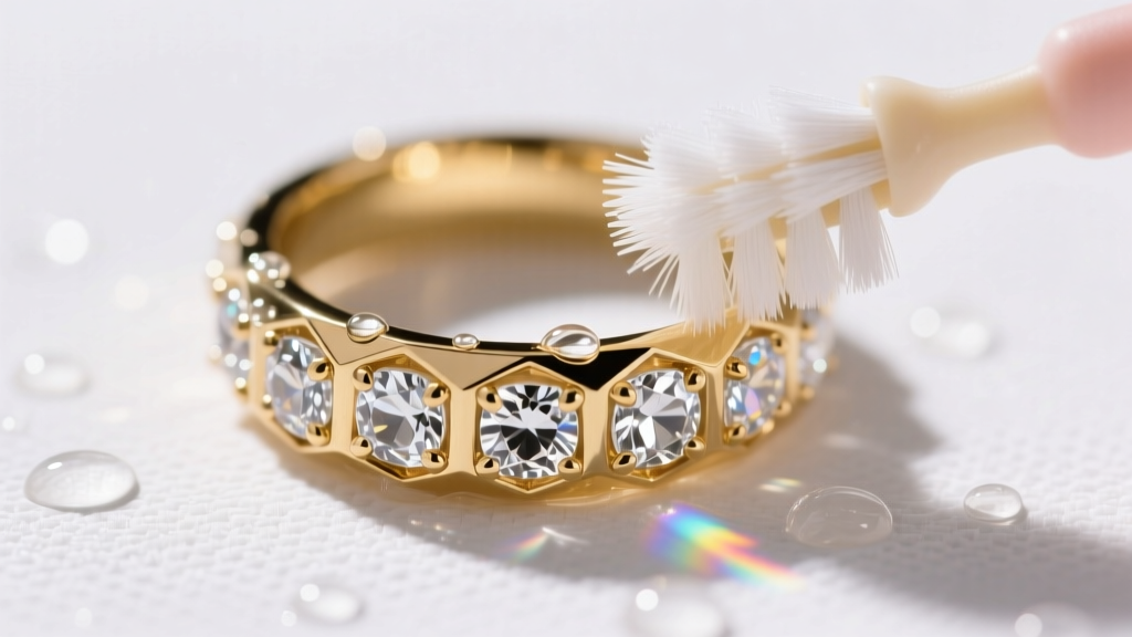 Macro shot of a gold-plated zinc ring with glued cubic zirconia cleaned gently with a soft baby toothbrush and mild soapy water.