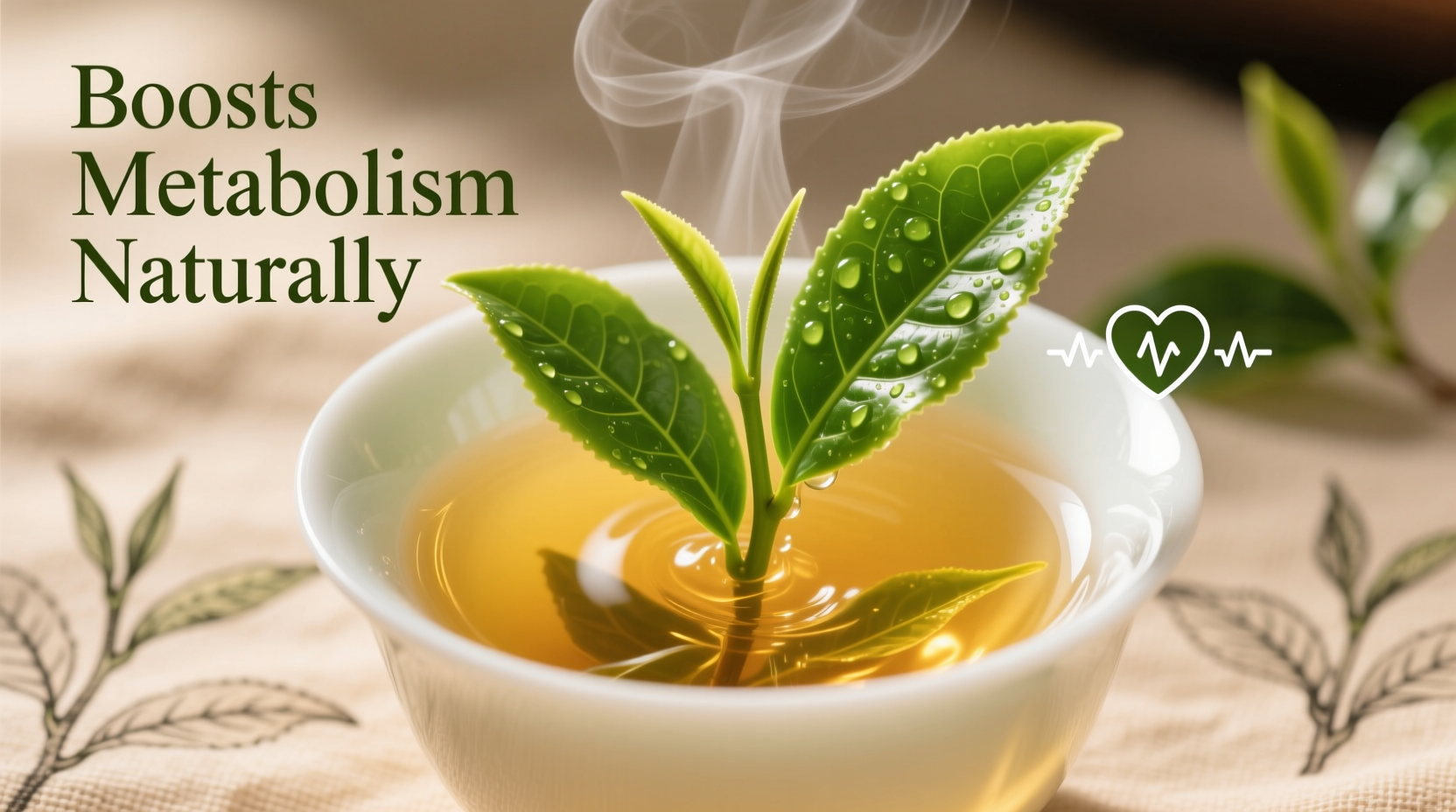 Green tea leaves and cup showing metabolism benefits