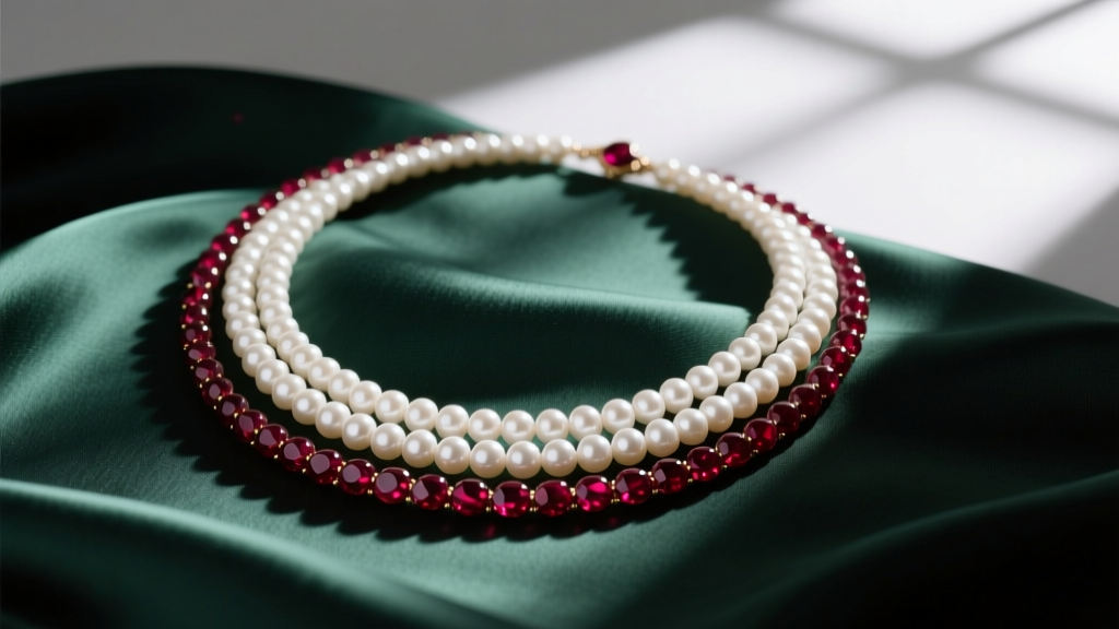 A five-strand Gunda necklace of 3mm white pearls and ruby beads on dark green silk with dramatic side lighting.