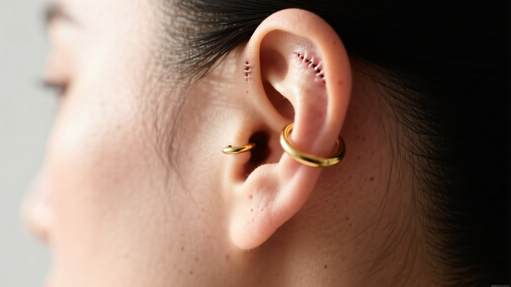 Side profile of an ear with a healed cartilage piercing, small solid gold hoop, bright natural daylight, sharp focus