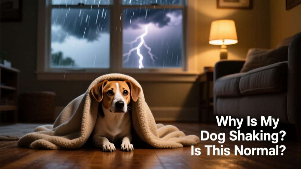 A small dog trembling under a blanket during a thunderstorm