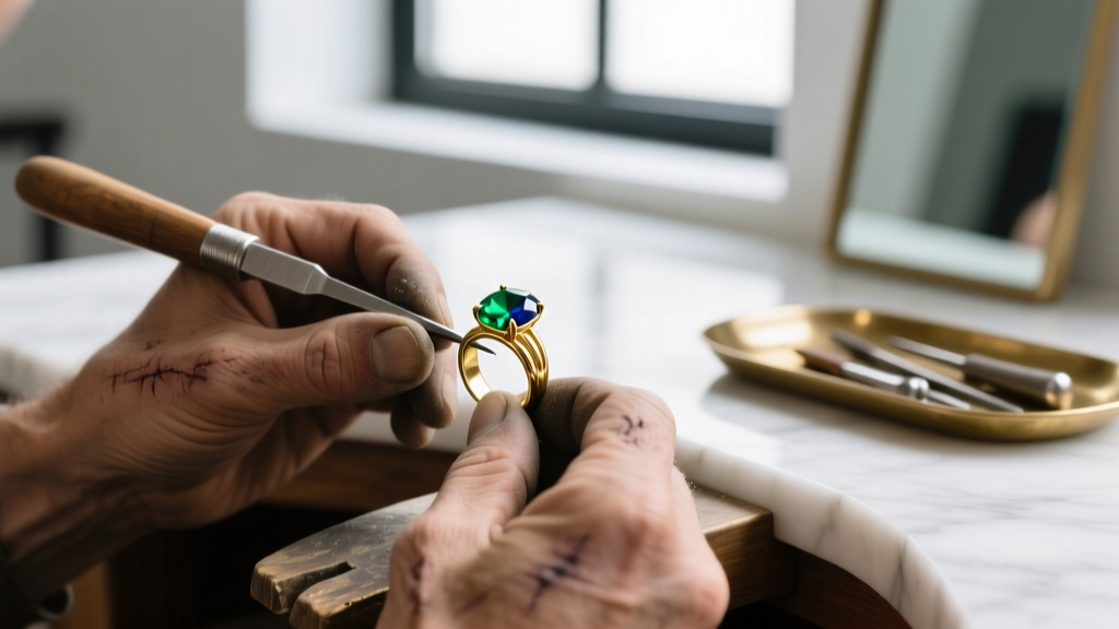Macro shot of a jeweler's hands using 22-gauge copper wire to securely wrap the top stem of a glossy, sealed Eve's necklace pod.