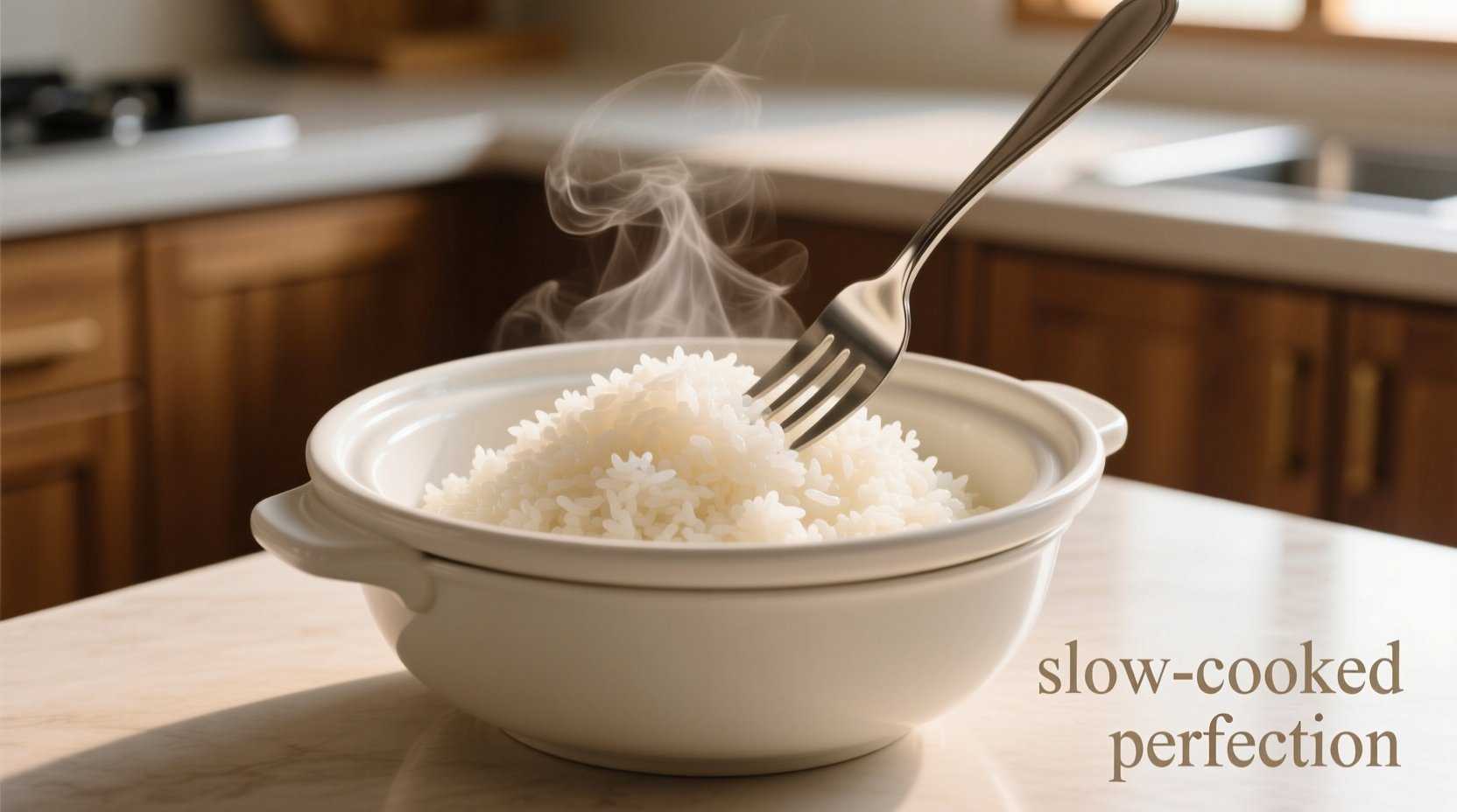 Fluffy white rice in slow cooker bowl with fork