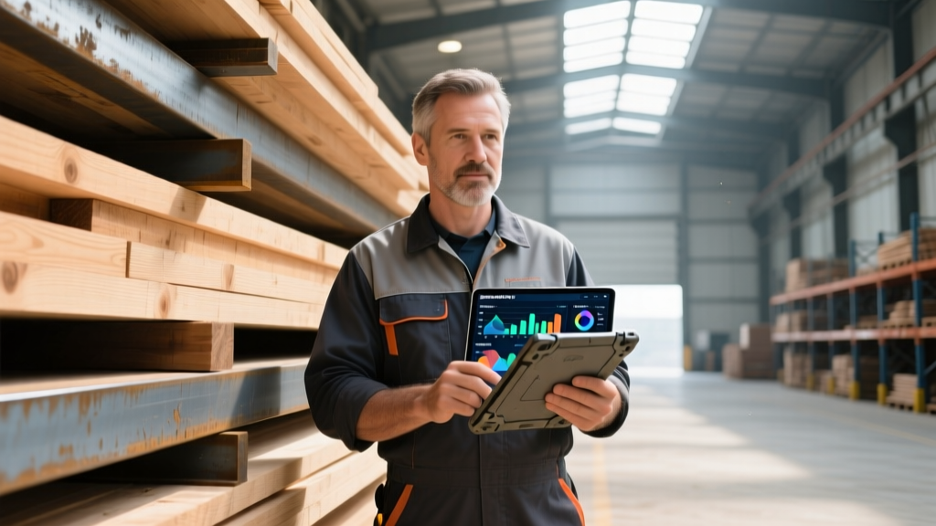 Warehouse manager holding a rugged tablet displaying a building materials ERP dashboard next to stacked lumber and steel beams