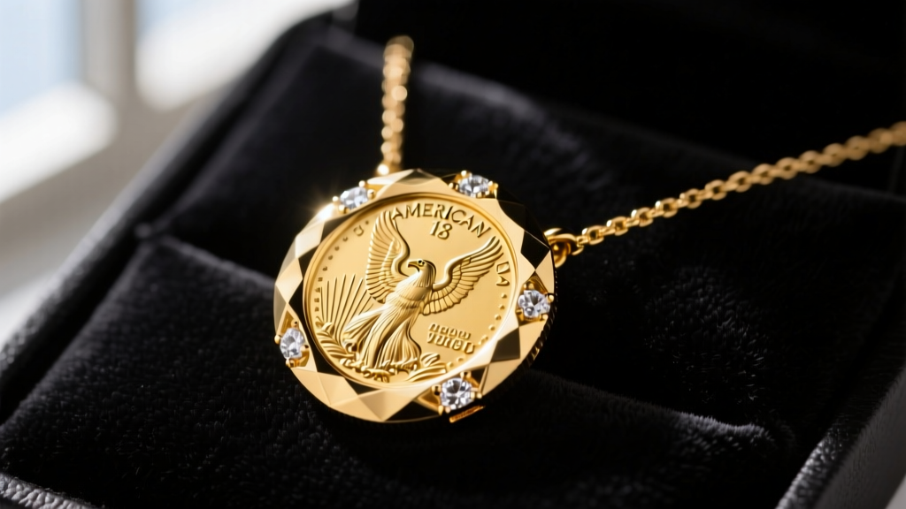 Close-up of a 1oz gold Eagle coin in an 18k yellow gold diamond-cut bezel necklace resting on a black velvet jeweler pad.