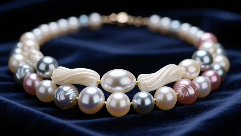 Macro shot of a mixed pearl necklace with baroque, noodle, and round Edison pearls resting on dark navy velvet fabric.