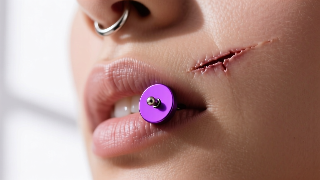 Profile of a healed cartilage piercing showing a vibrant purple anodized titanium 16-gauge labret stud with a flat back disc