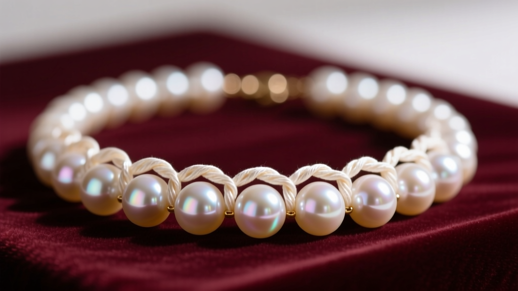 Close-up of a fake pearls necklace on velvet, showing the pearlescent coating and silk knotting between the round glass beads.