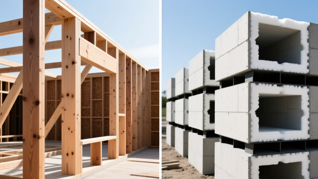 Split-view rendering of wood framing on the left and stacked insulated concrete forms on the right under bright construction site lighting.