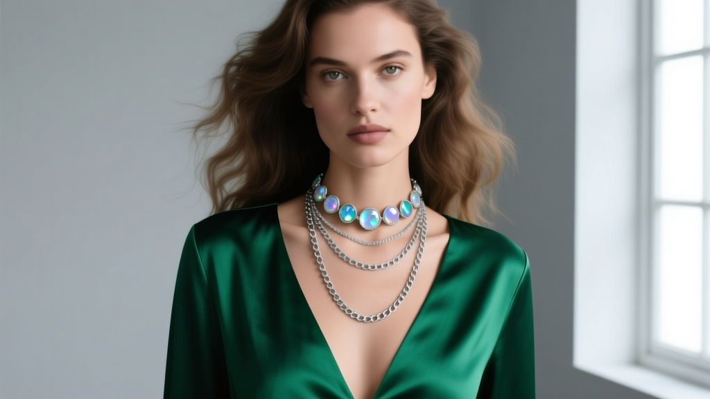 Editorial shot of a model wearing a layered sterling silver moonstone choker and a longer rolo chain over a deep V-neck silk top