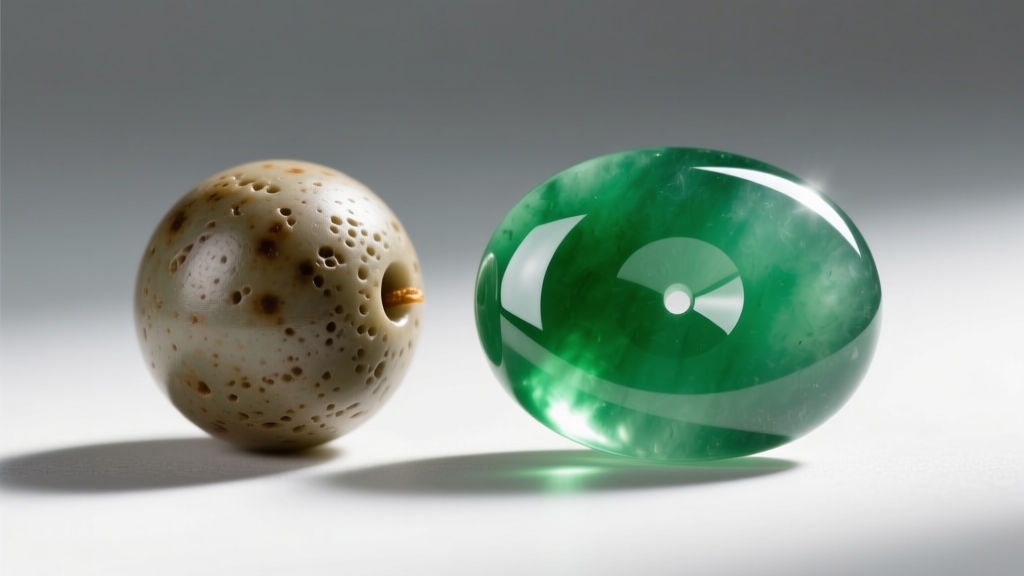 Macro view of a dull Type B jade bead beside a glossy Type A jadeite cabochon, showing texture differences under bright light.