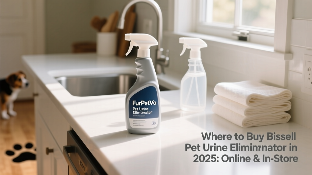 Bottle of FurPetVo Pet Urine Eliminator on a clean kitchen counter next to a spray bottle and paper towels