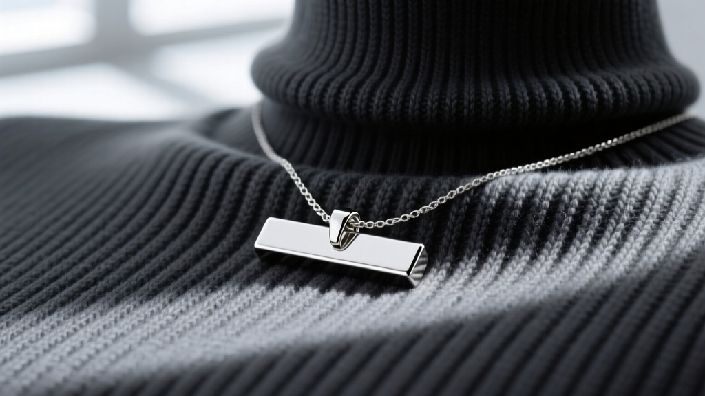 Close-up of a heavy 15-gram sterling silver bar pendant resting flat against a dark grey ribbed knit wool turtleneck fabric