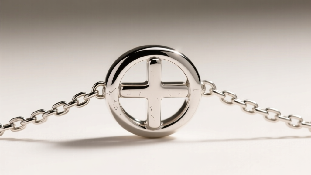 Extreme close-up of a 1.2mm sterling silver box chain threading through a polished oval bail of a cross pendant, studio lighting.