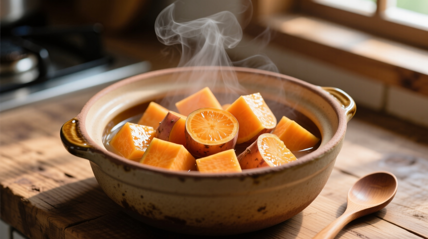 Perfectly boiled sweet potato pieces in pot