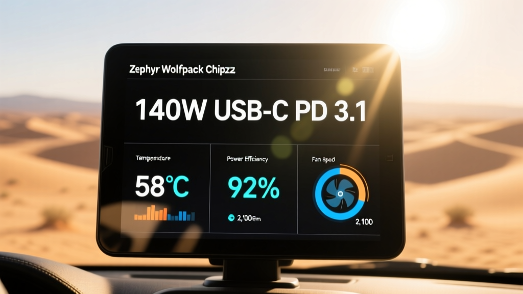 Close up of Zephyr Wolfpack Chipzz LCD display showing 140W USB-C PD 3.1 output and thermal management stats in direct desert sunlight