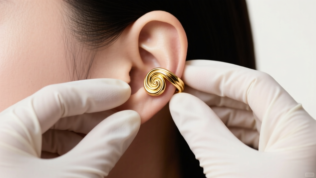 Nitrile gloves gently adjusting a 14k gold tornado ear cuff on the upper cartilage helix, illuminated by soft diffused lighting.