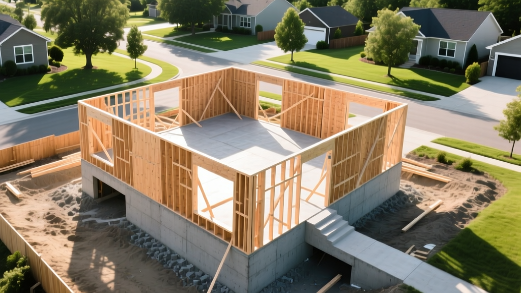 Aerial view of a new residential construction site with framed wooden walls and concrete foundation in a suburban neighborhood