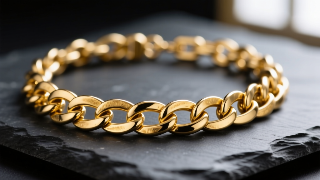Close-up macro shot of a 14k gold filled brass chain link necklace resting on dark slate, highlighting the thick gold layer edge.