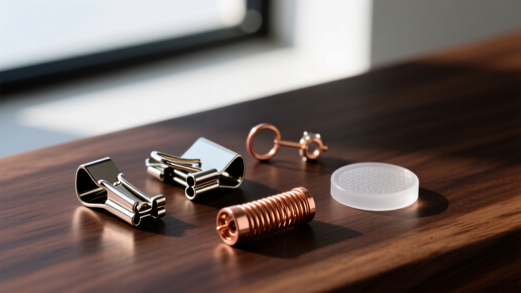 Disassembled steel clip-on earring showing a copper spring and clear silicone pad resting on a dark wood jeweler