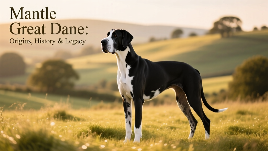 A calm, confident Mantle Great Dane standing outdoors on grass, showcasing its striking black-and-white coat