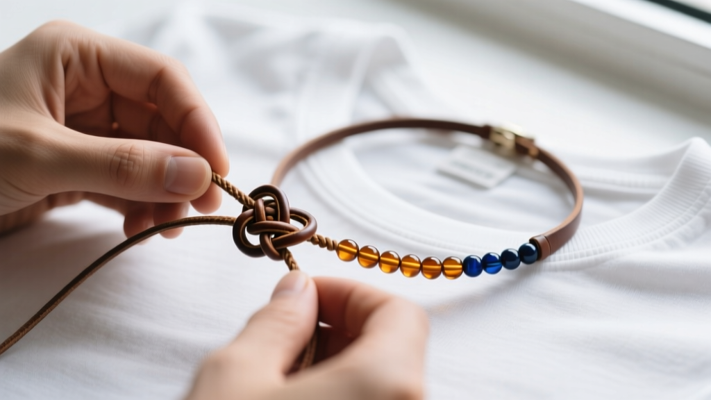 Hands tying a sliding macrame square knot on a 2mm leather cord, adjusting a beaded choker against a white t-shirt.