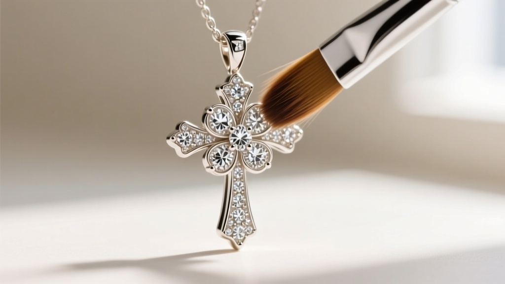 Macro shot of a soft brush gently cleaning the intricate diamond-set petal crevices of a white gold flower cross pendant