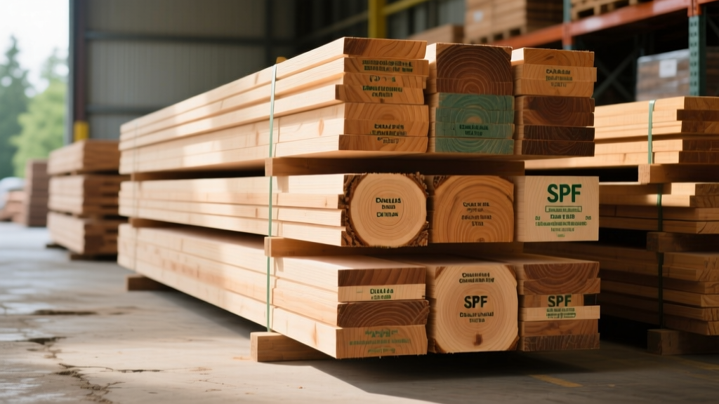 Stacked bundles of SPF and Douglas Fir dimensional lumber in a commercial yard with grading stamps visible on the ends