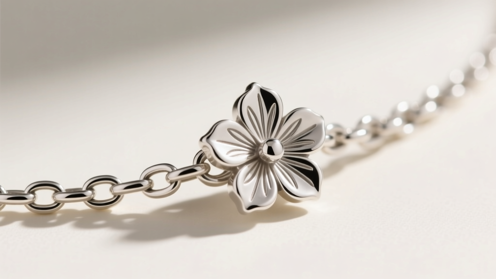 Macro shot of a sterling silver lariat slide on a 1.2mm rolo chain, showing the friction gap and floral motif attachment point